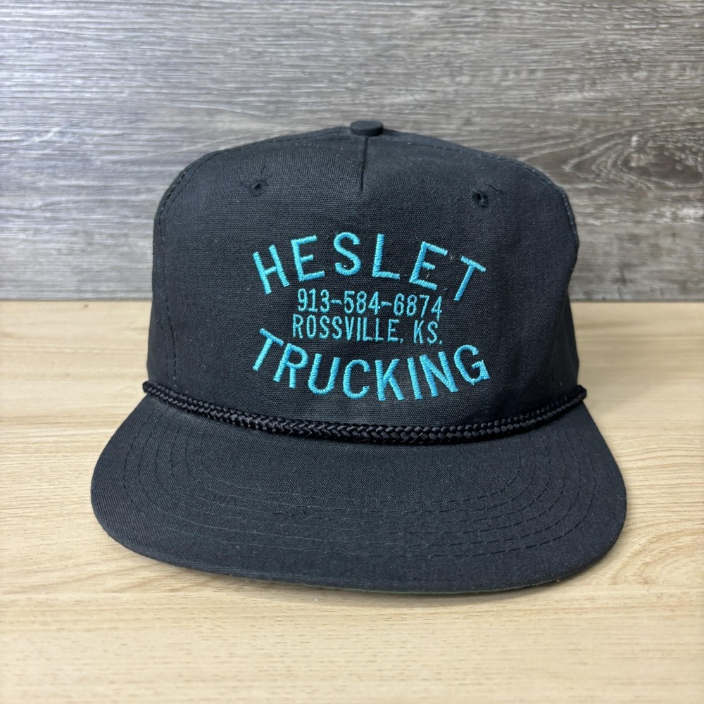 Vintage Heslet Trucking Hat Cap Strap Back Black Teal Embroidered Rope Mens 90s